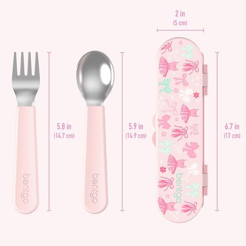 Bentgo Kids Stainless Steel Utensil Set - Reusable Fork, Spoon & Storage Case, PFAS- & BPA-Free, Easy-Grip Handles, Lightweight, Dishwasher Safe, School Lunch, Travel & Outdoors (NEW Ballet and Bows)