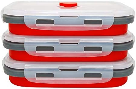 CARTINTS Set of 3 Collapsible Food Storage Containers with Lids, Collapsible Silicone Bowls, Silicone Lunch Containers, For Meal Prep, Camping, Travel, Microwave and Freezer Safe,500ml,Red