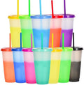 Color Changing Cups, 12 Pack 24oz Plastic Tumblers, Reusable Iced Coffee & Smoothie Cups with Lids and Straws for Parties and Travel (transparent, 12 Pack)