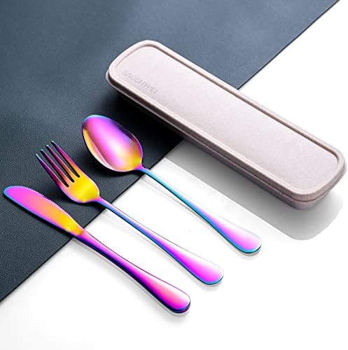 SAOSHYPEI Travel Utensils with Case, 4-Piece Stainless Steel Set, Rainbow