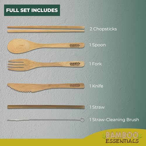 Travel Utensils with Case Set Fork, Knife, Spoon, Chopsticks, Straw, Straw-cleaning brush, Travel Pouch and Carabiner, Excellent For Everyday Use! ((2 Sets) Sunset Red/Sunrise Yellow)