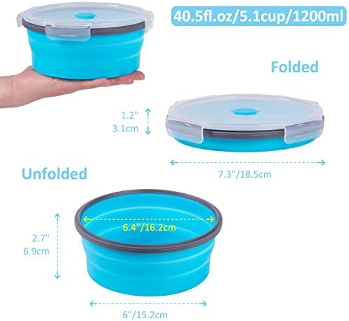 Collapsible Food Storage Containers with Airtight Lid & Vent, 40.5 oz, Kitchen Stacking Silicone Collapsible Meal Container Set for Leftover, Microwave Freezer Dishwasher Safe, Blue Round, Set of 4