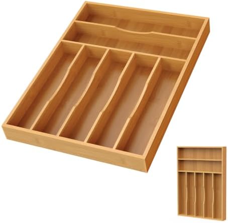 Bamboo Silverware Organizer, 12 Inch Bamboo Kitchen Drawer Cutlery Organizer, Utensil Holder, Flatware Organizer Tray (15.8"x11.9"x1.6")