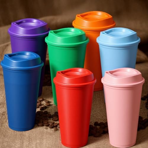 12 Pcs 16 Oz Reusable Coffee Cups with Lids - Plastic Travel Hot Cups Bulk Coffee Tumblers for DIY Hot Cold Drinks Party Favors Coworker (Purple)