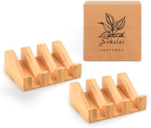 Shampoo Bar and Sponge Holders for Shower – Self-Draining Bamboo Soap Dish Tray, 2 Pack Wooden Soap Saver Racks for Conditioner Bars, Razor, Sink, Bathroom, Kitchen, or Travel