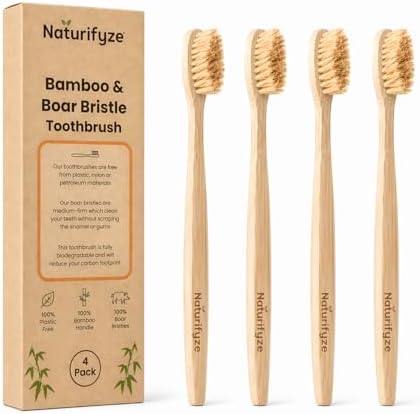 Boar Bristle & Bamboo Toothbrush (4 Pack) - Authentic Boar Bristles - Biodegradable - Plastic Free - Bamboo & Boar Bristle