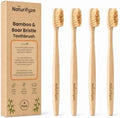 Boar Bristle & Bamboo Toothbrush (4 Pack) - Authentic Boar Bristles - Biodegradable - Plastic Free - Bamboo & Boar Bristle