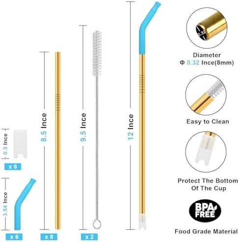Newly Upgraded 8.5In Reusable Stainless Steel Straws Set 6 PCS with12 Silicone Accessories, 2 Straw Brush, 1 Storage Case, BPA Free, Eco-Friendly Metal Straws for 14, 20, 30,40 oz Tumbler