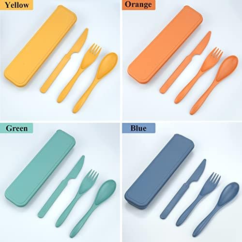 DISSKNIC 4 Sets Reusable Utensils Set with Case,Travel Utensils Cutlery Set Spoons and Forks Set, Reusable Plastic Utensils for Lunch Box Accessories for Adults, Portable Lunch Utensils Set for Daily