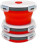 CCyanzi 3piece Round Collapsible Bowl with Lids, Silicone Food Storage Containers, Microwave & Freezer Safe, Space Saving for Kitchen Cabinet and Camping Backpack,(Red Gray)
