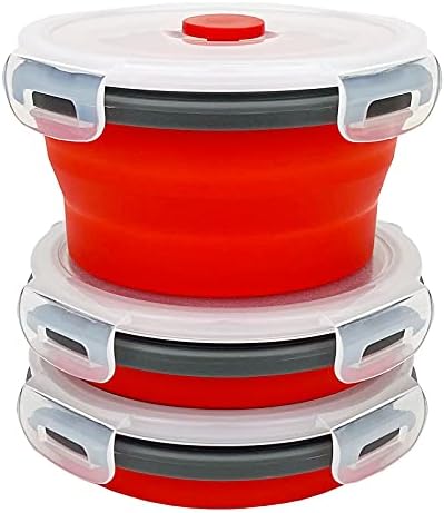 CCyanzi 3piece Round Collapsible Bowl with Lids, Silicone Food Storage Containers, Microwave & Freezer Safe, Space Saving for Kitchen Cabinet and Camping Backpack,(Red Gray)