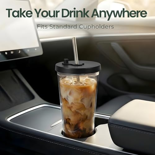 Reusable Iced Coffee Cup with Lid and Straw, 16 oz/Grande, BPA-Free Double-Wall Insulated Plastic Tumbler for Cold Drinks, Includes Clear Plastic Straw, Stainless Steel Straw and Cleaning Brush, Black