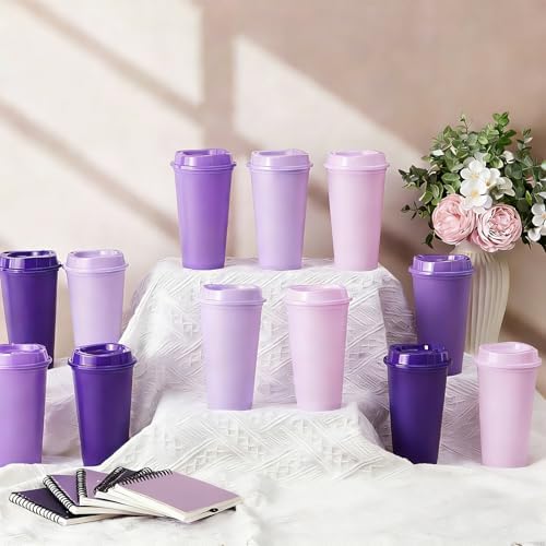 FillTouch 12 Pcs 16 oz Reusable Coffee Cups with Lids, Purple Gradient