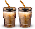 BLUEPOLAR 13oz/400ml Glass Water Tumbler with Straw and Lid Sealed Carry On Thick Wall Iced Coffee Cup Glass Cup for Water, Iced Tea Fruit Juice Etc (Amber-2 Pack)
