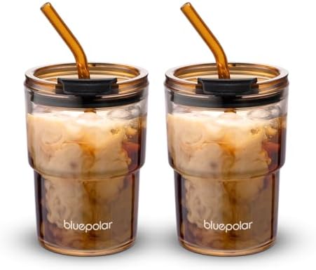 BLUEPOLAR 13oz/400ml Glass Water Tumbler with Straw and Lid Sealed Carry On Thick Wall Iced Coffee Cup Glass Cup for Water, Iced Tea Fruit Juice Etc (Amber-2 Pack)