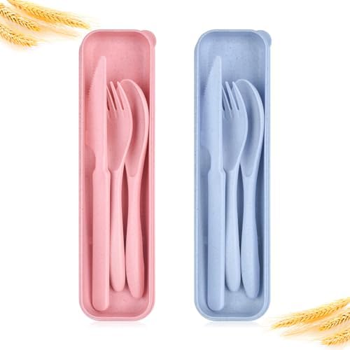 2 Sets Travel Utensils with Case, Portable Camping Cutlery Set