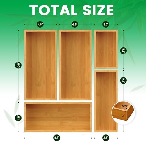 Bamboo Drawer Organizer Set, 5-Piece Storage Trays for Kitchen, Bathroom, Office Desk, Makeup & Junk Drawers,Utensils