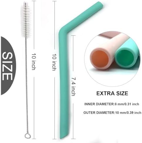 Senneny Set of 6 Silicone Drinking Straws for 30oz and 20oz - Reusable Silicone Straws BPA Free Extra Long with Cleaning Brushes- 6 Bent- 8mm diameter