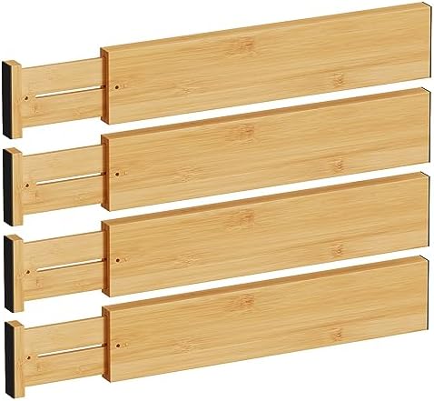 BAMEOS Bamboo Expandable Drawer Dividers – Fits 16.65"–22" Drawers, 4" Extra Deep Walls, Set of 4 | Maximum-Height Spring-Loaded Organizer for Deep Kitchen, Bathroom & Dresser Drawers