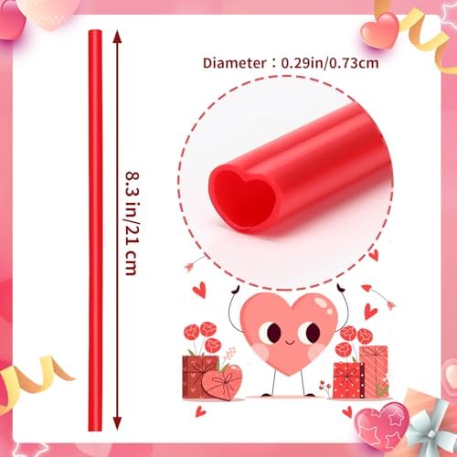 JANYUN 30 Pcs Red Heart Shaped Straws, Reusable Valentines Plastic Straw