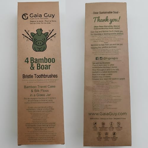 Gaia Guy Bamboo and Boar Bristle Toothbrush (4 Pack) + Travel Case & Silk Dental Floss | 100% Compostable Bristles and Floss | Eco-Friendly Dental Set | Biodegradable & Compostable Wooden Toothbrushes