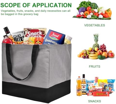 3 Pack Canvas Reusable Grocery Bags Heavy Duty, 8.3 gal Foldable Large Tote Bag with Handles, Holds 60 lbs Canvas Shopping Bags & Washable Eco-friendly Bags with 5 Pockets, Grey+Black