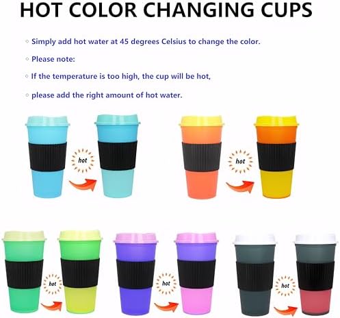 Color Changing Cups, 5 Pack 24oz Plastic Tumblers, Reusable Iced Coffee & Smoothie Cups with Lids and Straws for Parties and Travel (Hot coffee, 12 Pack)