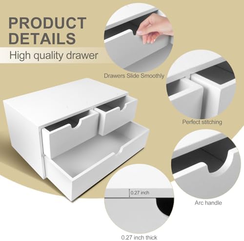 Charmewooden Bamboo Desk Organizer with 3 Drawers, Countertop Organizer with Drawers Makeup Storage Drawer 3 Drawer Tabletop Storage Organization Box Home Office Workspace（White）