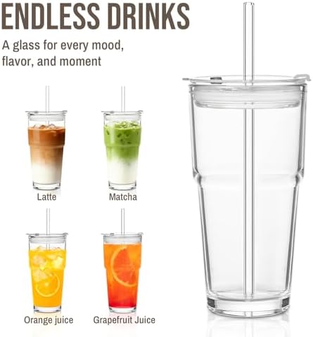 SoulTimes 20oz Clear Tumbler with bamboo Lid and Straw – Iced Coffee Glasses Cups for Smoothie, Matcha, Juice, Water etc. Leakproof and Reusable Glassware Drinking for Travel To Go 【4 Pack】