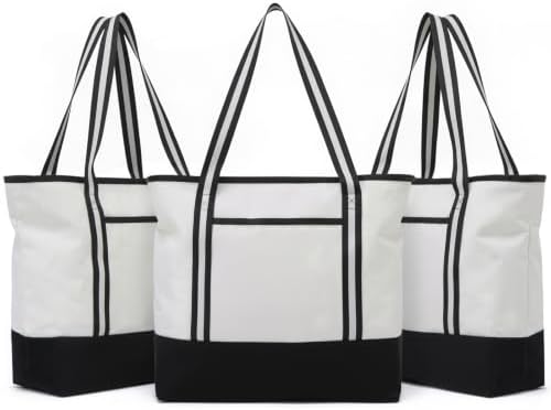 Carbrea 15 Inch Large Canvas Tote Bag with Bottom Support, White, 3 Pack