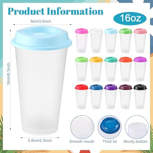 Honeydak 45 Pack 16 oz Reusable Coffee Cups with Lids Water Bottle Iced Coffee Travel Mug Portable Plastic Tea Tumblers Bulk for Hot and Cold Drinks Birthdays Party (Clear with Colors Lid,Classic)
