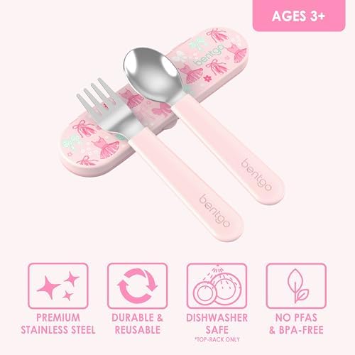 Bentgo Kids Stainless Steel Utensil Set - Reusable Fork, Spoon & Storage Case, PFAS- & BPA-Free, Easy-Grip Handles, Lightweight, Dishwasher Safe, School Lunch, Travel & Outdoors (NEW Ballet and Bows)