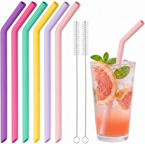 NiHome 6-Pack Wide Reusable Bent Silicone Straws for Smoothies, Milkshake