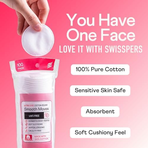 Swisspers Smooth Moves Ultra-Luxe Premium Cotton Rounds - 100 Count (Pack of 2) - Hypoallergenic Makeup Remover Pads for Sensitive Skin, USA Made, Vegan, Lint-Free, Paraben Free
