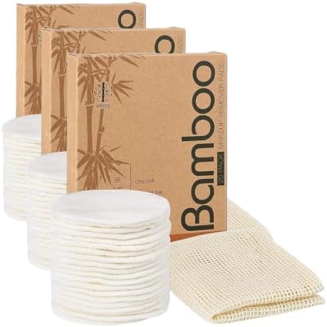 60 Packs Organic Reusable Makeup Remover Pads, Washable Bamboo Cotton Rounds for All Skin Types with Cotton Laundry Bag