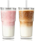 SoulTimes 20oz Ribbed & Floral Glass Tumbler with Lid and Straw – Iced Coffee Glasses Cups for Smoothie, Matcha, Juice, Water etc. Leakproof and Reusable Glassware Drinking for Travel To Go [2Pcs]