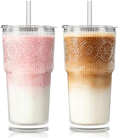 SoulTimes 20oz Ribbed & Floral Glass Tumbler with Lid and Straw – Iced Coffee Glasses Cups for Smoothie, Matcha, Juice, Water etc. Leakproof and Reusable Glassware Drinking for Travel To Go [2Pcs]