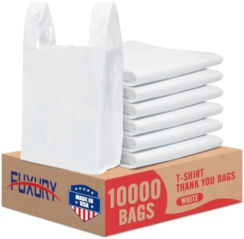 Fuxury 10000 (10K) Count Plastic T-shirt Bags Plain White 11.5" x 6.5" x 21", Grocery, Trash, Take Out, To Go, Restaurants, Retail Shopping Bags in Bulk for Small Business
