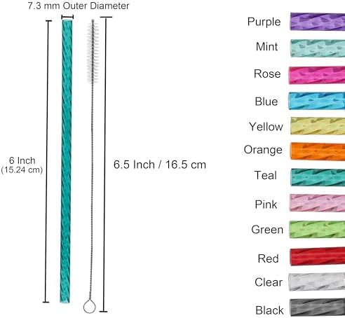 Dakoufish 6 Inch Reusable Clear Plastic Swirl Drinking Straws for Short Mini 6 oz-8 oz Mason Jar Tumblers,Set of 12 Pcs Replacement Straws with Cleaning Brush (6inch,12color)
