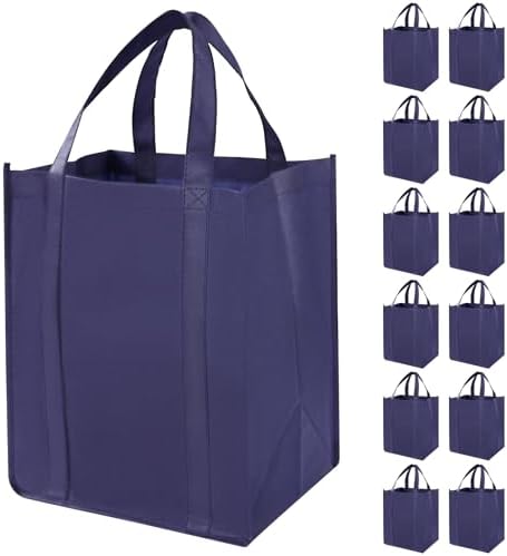 12 Pack Heavy Duty Reusable Grocery Bags - Large Shopping Totes Reinforced Handles, Holds 40 lbs, Foldable and Washable (Dark Blue)