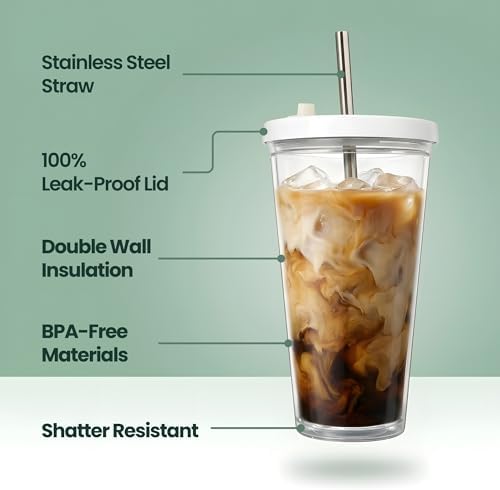 Reusable Iced Coffee Cup with Lid and Straw, 24 oz/Venti, BPA-Free Double-Wall Insulated Plastic Tumbler for Cold Drinks, Includes Clear Plastic Straw, Stainless Steel Straw and Cleaning Brush, White