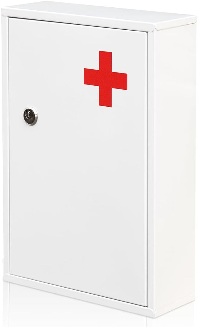 Steel Wall-Mount Lockable Medical Cabinet, 2-Tier Medical Box with Key, Metal Storage Box, Medicine Organizer Secure Large Capacity, First Aid Cabinet for Bathroom School 12.59×8.46×3.14"