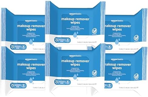 Amazon Basics Makeup Remover Wipes, Formulated without Fragrance and Alcohol-Free, Gentle Cleansing, Removes Waterproof Mascara, Dermatologist Tested, 25 Count, Pack of 6