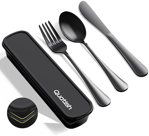 Quatish Travel Utensils with Case, Stainless Steel Cutlery Set, Black
