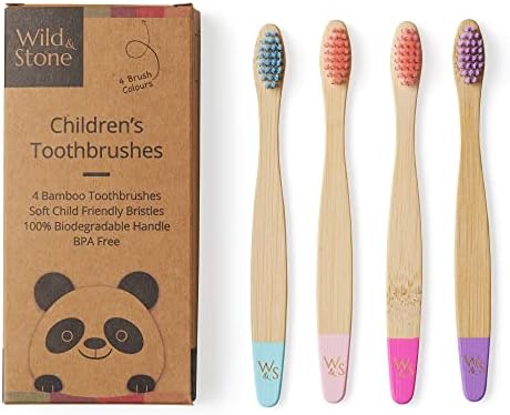 Wild & Stone Organic Children's Bamboo Toothbrush | 4 Pack Candy Colour | Soft Fibre Bristles | 100% Biodegradable Handle | BPA Free | Vegan Eco Friendly Kids Toothbrushes