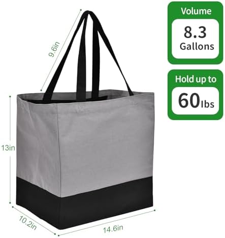 3 Pack Canvas Reusable Grocery Bags Heavy Duty, 8.3 gal Foldable Large Tote Bag with Handles, Holds 60 lbs Canvas Shopping Bags & Washable Eco-friendly Bags with 5 Pockets, Grey+Black