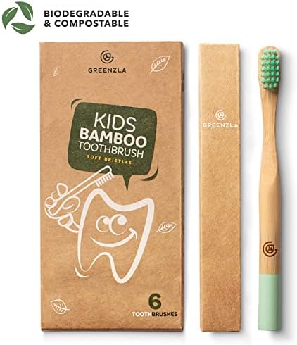 GREENZLA 6 Pack Kids Bamboo Toothbrush | Soft Charcoal Bristles