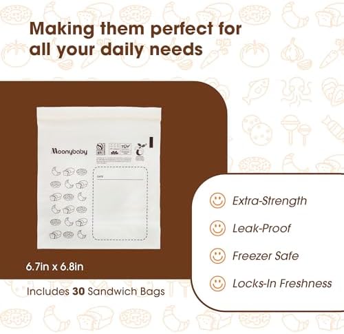Moonybaby Compostable Sandwich Size Food Storage Bags (30 Count), Organic Food Storage Container with Food-Safe Zip Seal, Freezer and Leak Proof