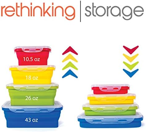 Kitchen Home Thin Bins Collapsible Containers – Set of 4 Rectangle Silicone Food Storage Containers – BPA Free, Microwave, Dishwasher and Freezer Safe
