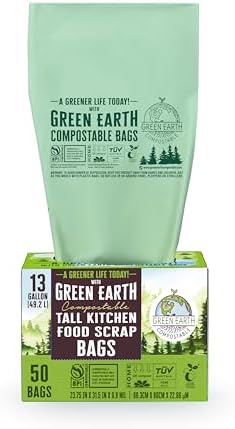 Green Earth Compostable Tall Kitchen Food Scrap Trash Bags, Compost Bin Compatible, 13 Gallon, 49 Liter, 200-Count, Superior Strength 0.9 Mil, ASTM D6400, BPI (US) & OK Compost Home (EU) Certified